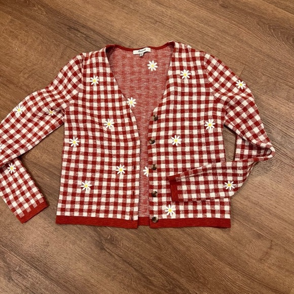 Madewell Daisy Embroidered Gingham Cardigan Sweater - Picture 2 of 5
